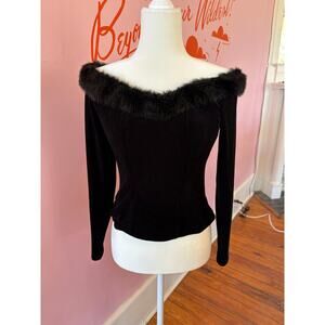 Vintage Alex Evenings Off-Shoulder Velvet Top | Faux Fur Trim | Size S